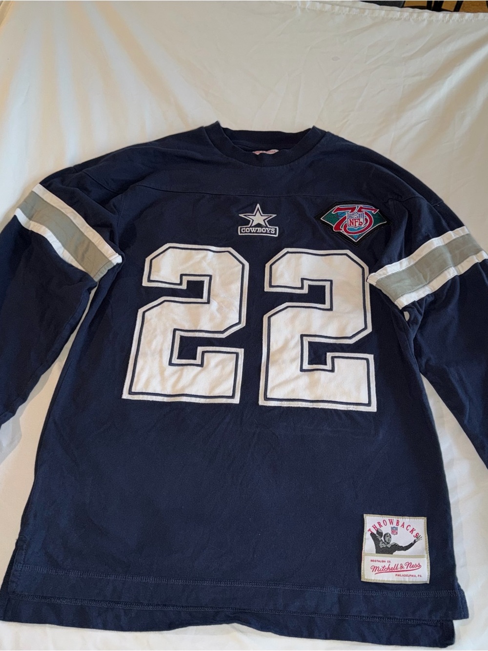 Mitchell & Ness Navy and White Cowboys #22 Crewneck Sweater